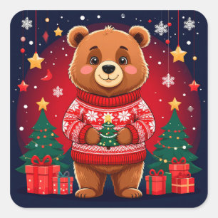 Süßer Bär im Weihnachtspullover Quadratischer Aufkleber