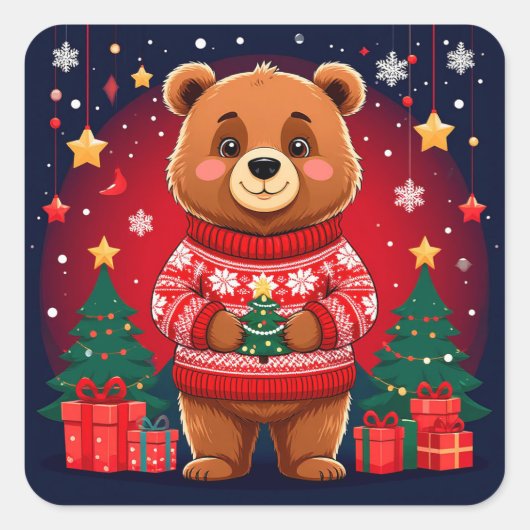 Süßer Bär im Weihnachtspullover Quadratischer Aufkleber (Vorderseite)