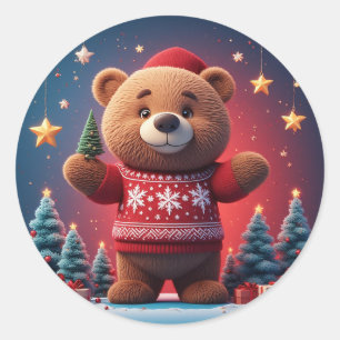 Süßer Bär im Weihnachtspullover Runder Aufkleber