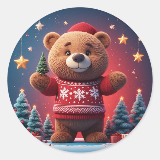 Süßer Bär im Weihnachtspullover Runder Aufkleber (Vorderseite)