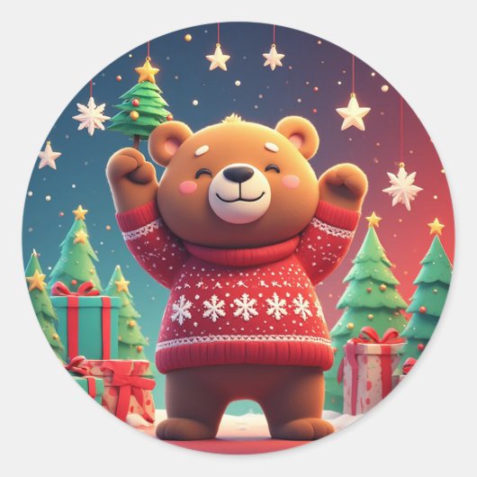 Süßer Bär im Weihnachtspullover Runder Aufkleber (Vorderseite)