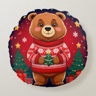 Süßer Bär im Weihnachtspullover Rundes Kissen