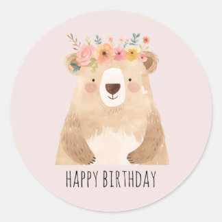 Süßer Bär mit Blumen- HAPPY BIRTHDAY" - boho Runder Aufkleber