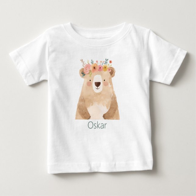 Süßer Bär mit Blumen- Name - boho Baby T-shirt (Vorderseite)