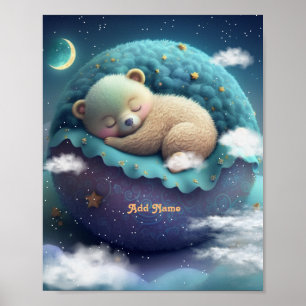 Süßer Bär schlafend blaues Kissen Sterne Mond Kind Poster