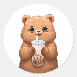 Süßer Bär trinkt Boba-Tee | Kawaii-Bubble-Tea An Runder Aufkleber