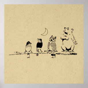 Süßer Bär und Vögel singen zum Mond Kunst Poster