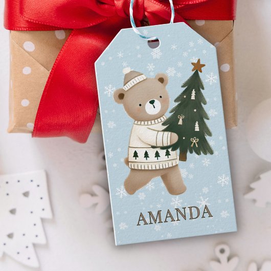 Süßer Bär Weihnachtsbaum Schneeflocken Kinder Name Geschenkanhänger