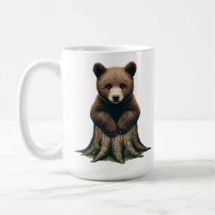 Süßer Bärenjunge auf Baumstumpf sitzend  Kaffeetasse