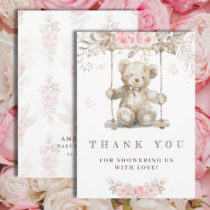 Süßer beiger Wasserfarben-Teddybär rosa Flora Dankeskarte