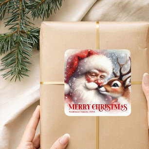 Süßer benutzerdefinierter Santa Rudolph Frohe Feie Quadratischer Aufkleber