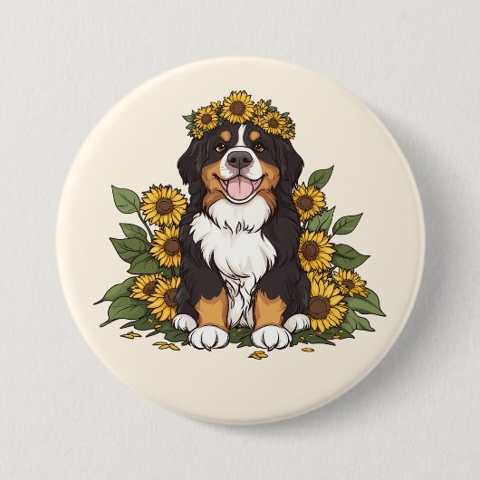 Süßer Berner Sennenhund mit Sonnenblumenkrone Button (Vorderseite)