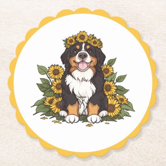 Süßer Berner Sennenhund mit Sonnenblumenkrone Untersetzer (Vorderseite)