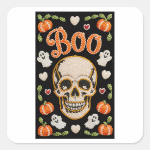 Süßer bestickter Boo-Totenkopf-Halloween-Aufkleber Quadratischer Aufkleber
