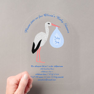 Süßer blauer Babyjunge Storch Baby Shower individu Acryleinladungen