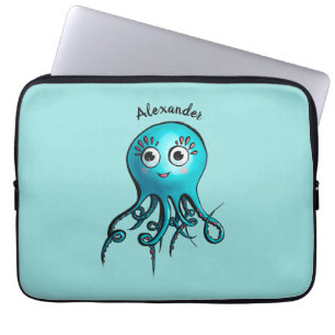 Süßer blauer Cartoon-Oktopus - Lächelnde Meereskre Laptopschutzhülle