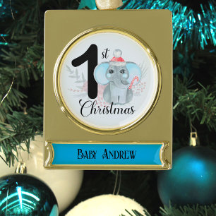 Süßer blauer Elefant Baby Junge 1. Weihnachten And Banner-Ornament Gold
