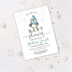 Süßer blauer Junge Pinguin Winter-Baby-Party Einladung