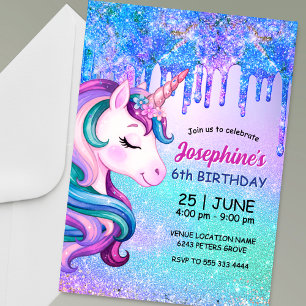 Süßer blauer lila Einhorn-Ombre-Tropf-Geburtstag Einladung