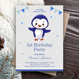 Süßer blauer Pinguin zum 1. Geburtstag Einladung