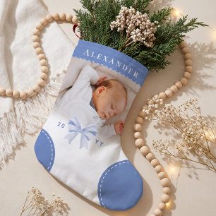 Süßer blauer Schleifen-Name und Foto-Baby erstes W Kleiner Weihnachtsstrumpf