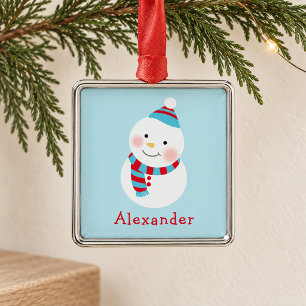 Süßer blauer Schneemann Kinder Name Weihnachten An Silbernes Ornament