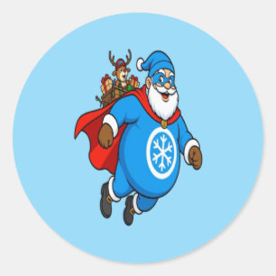 Süßer blauer Superheld Santa Claus Weihnachtsstick Runder Aufkleber