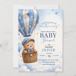 Süßer blauer Teddybär Heißluftballon Babyparty Einladung
