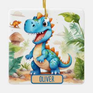 Süßer blauer Trex-Dinosaurier personalisiert Keramikornament