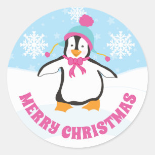Süßer blauer und rosa Hut Weihnachts Pinguin Runder Aufkleber