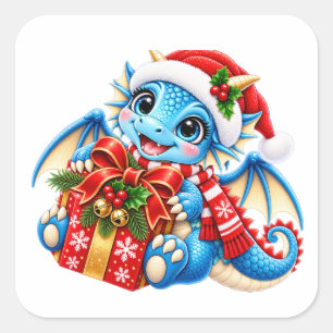 Süßer blauer Weihnachts-Drache-Aufkleber Quadratischer Aufkleber