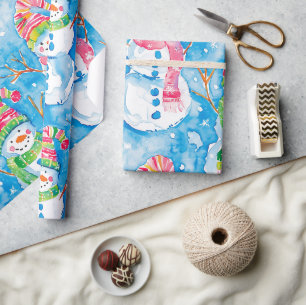 Süßer blauer Weihnachts-Wasserfarben-Schneemann Geschenkpapier