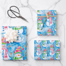 Süßer blauer Weihnachts-Wasserfarben-Schneemann Geschenkpapier Set