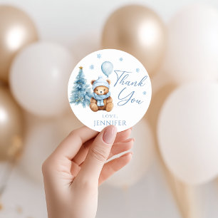 Süßer blauer Winter-Teddybär-Baby-Shower-Dankeschö Runder Aufkleber