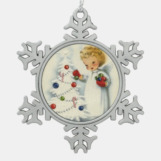 Süßer blonder Engel, der Weihnachtsbaum verziert Schneeflocken Zinn-Ornament (Vorderseite)