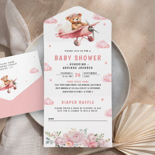 Süßer Boho-Teddybär Rosa Flugzeug Babyparty All In One Einladung