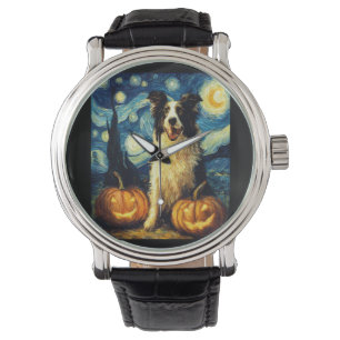 Süßer Border Collie Hund Halloween Jack O Lantern Armbanduhr