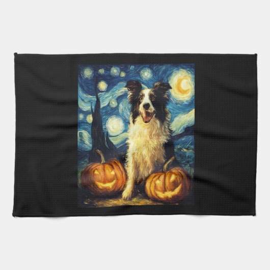 Süßer Border Collie Hund Halloween Jack O Lantern  Geschirrtuch (Horizontal)