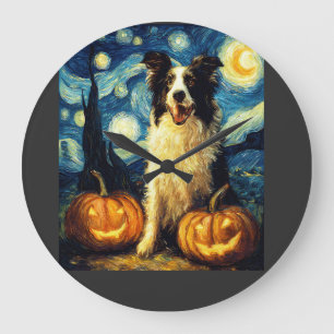 Süßer Border Collie Hund Halloween Jack O Lantern  Große Wanduhr