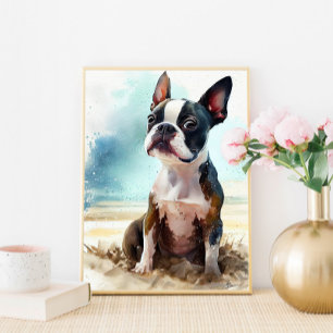 Süßer Boston Terrier am Strand Wandbild Druck Poster