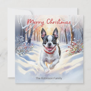 Süßer Boston Terrier Hund im Winter Schnee Weihnac Feiertagskarte