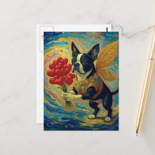 Süßer Boston Terrier mit Herzen Postkarte (Vorderseite/Rückseite Beispiel)