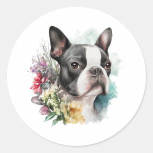 Süßer Boston Terrier und Blumen Runder Aufkleber
