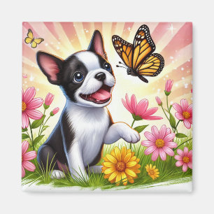 Süßer Boston-Terrier-Welpe spielt mit Schmetterlin Magnet