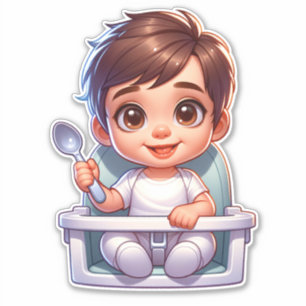 Süßer braunäugiger Babyjunge hält einen Löffel Aufkleber