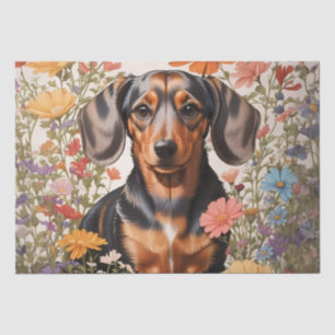 Süßer brauner Dachshund und Kosmosblumen Seidenpapier