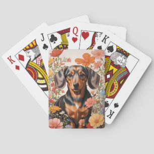 Süßer brauner Dachshund und Kosmosblumen Spielkarten