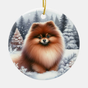 Süßer brauner Pomeranian-Hund in winterlicher Land Keramik Ornament