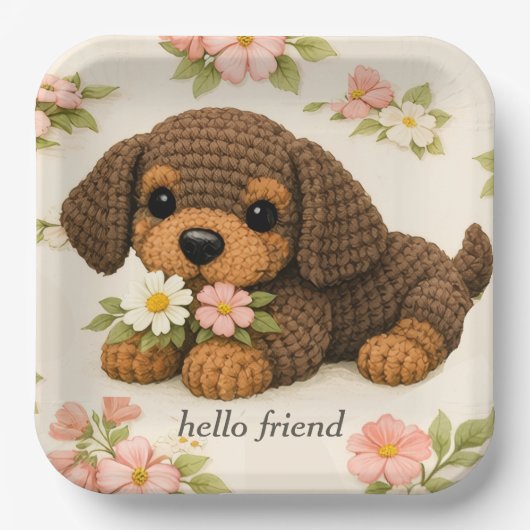 Süßer brauner Welpe Floral Pappteller (Vorderseite)