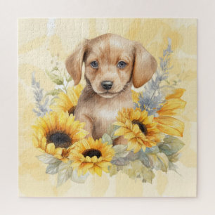 Süßer brauner Welpe Gelbe Sonnenblume Aquarell Puzzle
